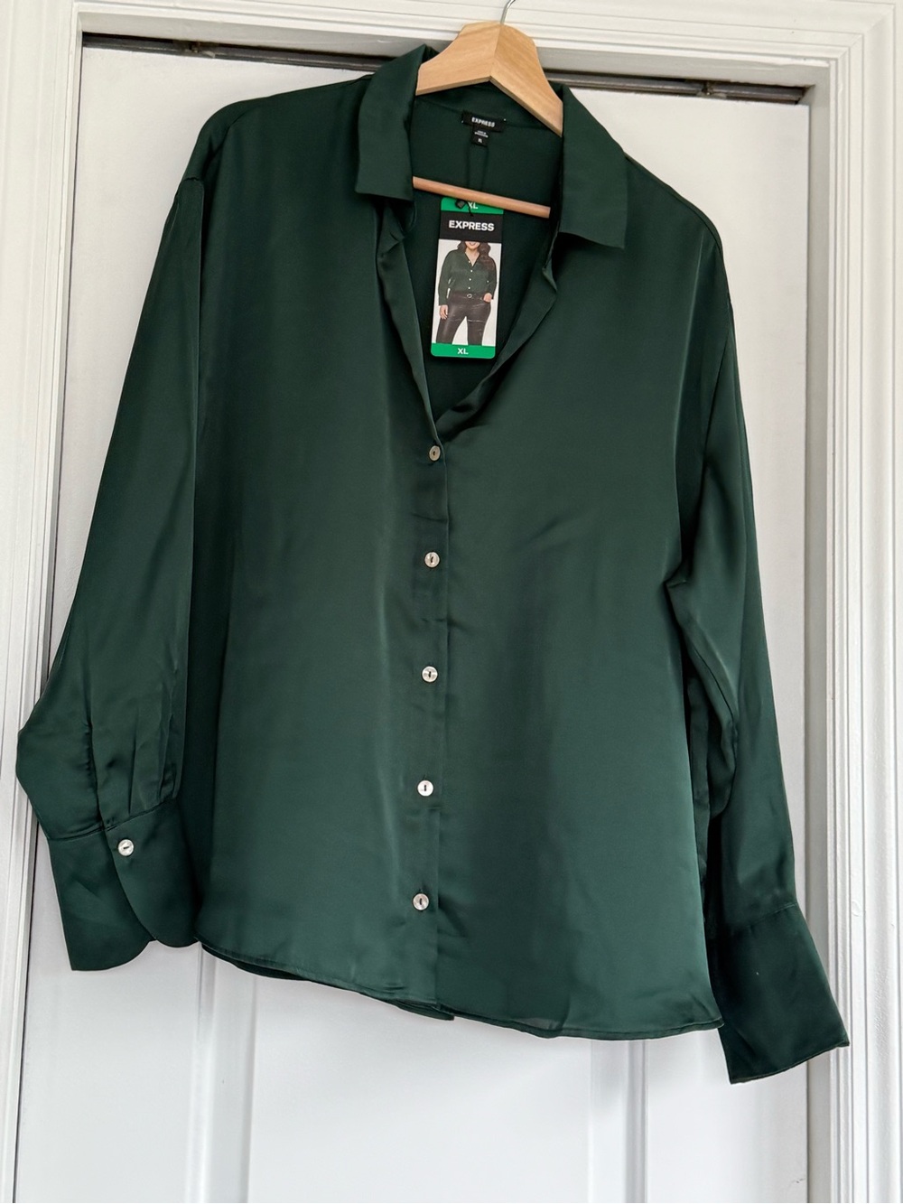 Express Women's Dark Green Satin Button-Up Blouse